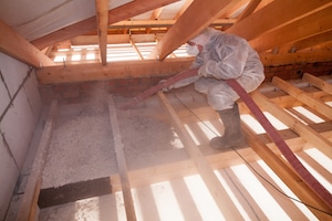 Worker applying blown cellulose insulation in attic floor
